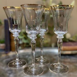 Mikasa Jamestown Set 4 Crystal Gold Rim Wine Goblets Stems Glasses